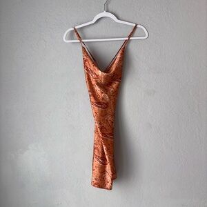 SHEIN Copper Orange Backless Cowl Neck Satin Paisley Dress